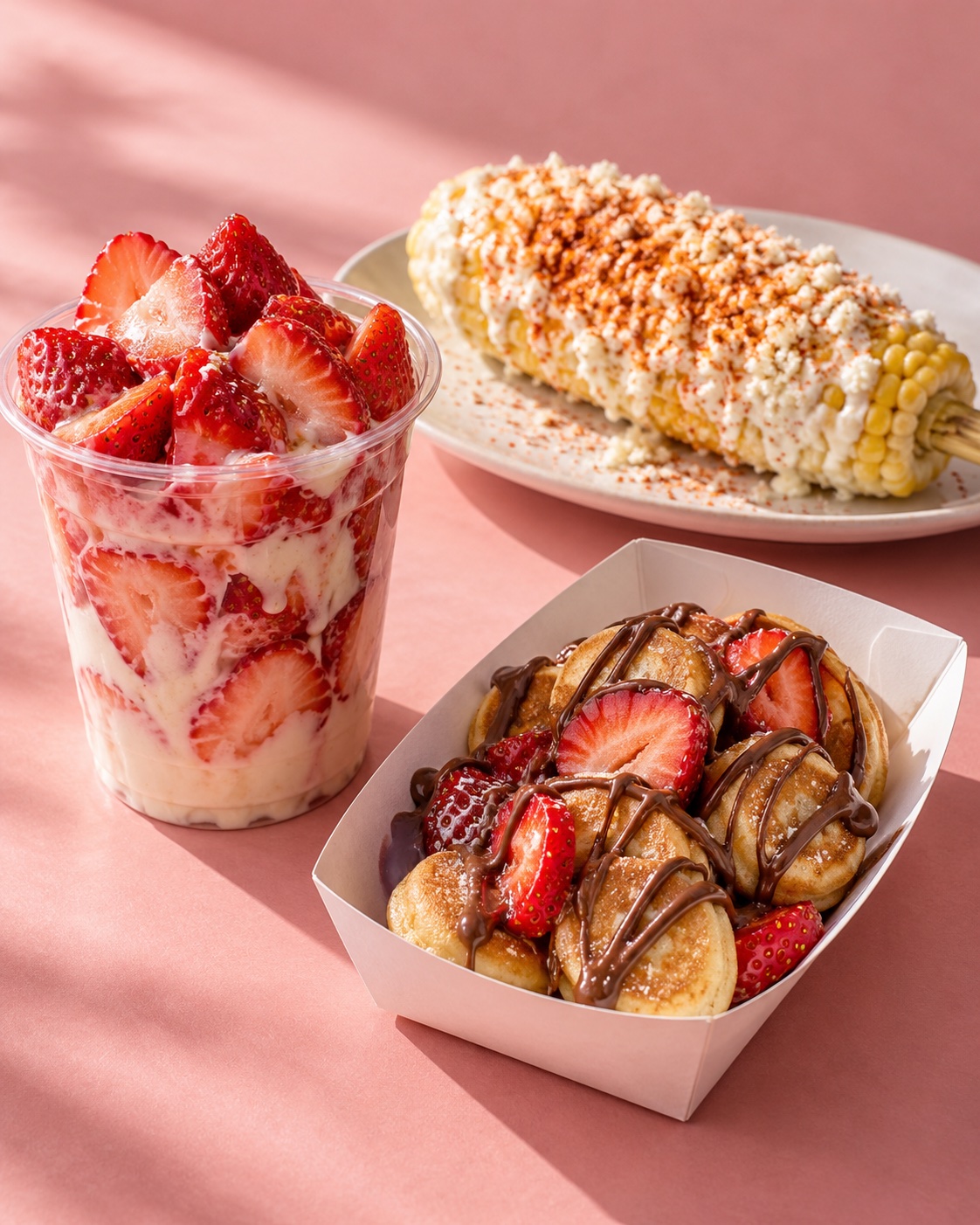 Illustrative food styling: strawberries and cream, elote and mini pancakes on a pink tabletop